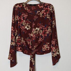 J-ROBERTS Burgundy Floral Chiffon; Open Top; Long Sleeves, Front Tie; Size